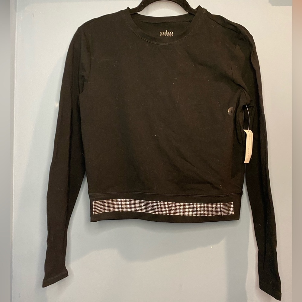 New York & Company Black SoHo Cropped Top with Silver Rhinestone Detailing small